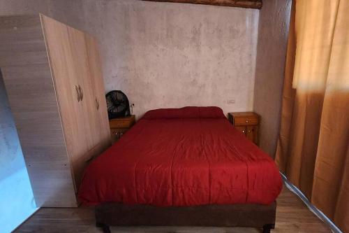 a bedroom with a red bed in a room at LA TORRE del TANO in Uspallata