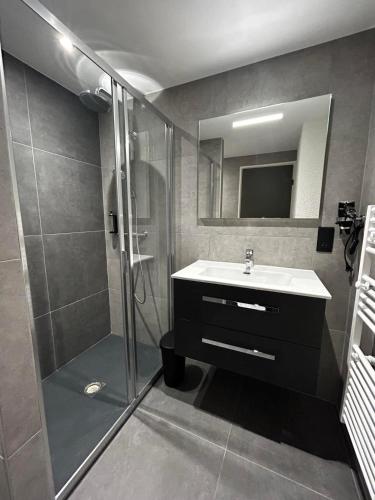 a bathroom with a shower and a sink and a mirror at Hôtel Restaurant Le Madame in La Ferrière