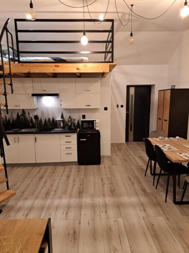 a kitchen and dining room with a loft bed at Apartament z antresolą in Nickelswalde