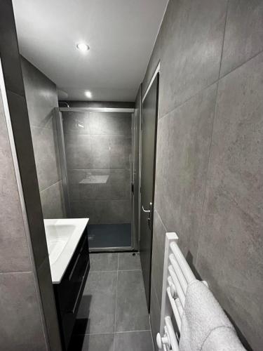 a bathroom with a shower and a sink and a toilet at Hôtel Restaurant Le Madame in La Ferrière