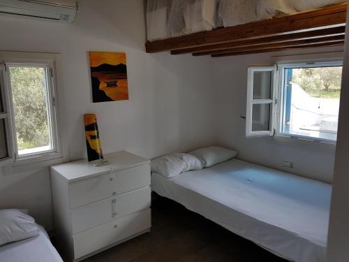 a bedroom with two beds and two windows at Captain Yannis in Sifnos
