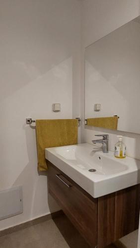 W łazience znajduje się umywalka i lustro. w obiekcie Bel appartement avec piscine sur Noria Golf Marrakech w Marakeszu