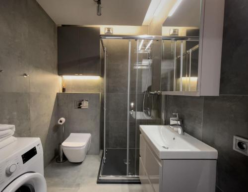 een badkamer met een douche, een toilet en een wastafel bij URBAN APARTMENTS PREMIUM DOWNTOWN Opolska 10 No 90 with 2 GARAGES in Katowice