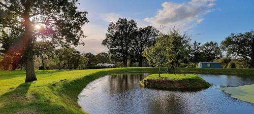 um pequeno lago no meio de um parque em Chase Farm Glamping em Southwater