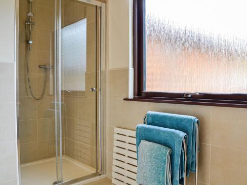 a bathroom with a shower and two blue towels at Glengoulandie Lodge in White Bridge