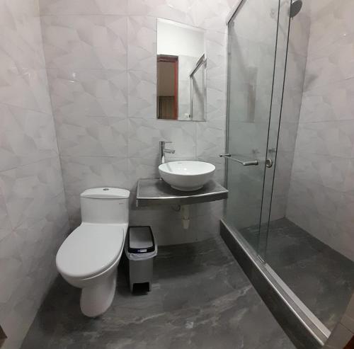 a bathroom with a toilet and a sink and a shower at RONALD HOTEL in Churín