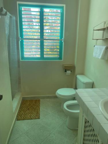 een badkamer met een toilet, een wastafel en een raam bij La Dolce Vita Rental, Las Terrenas, Samana in Santa Bárbara de Samaná