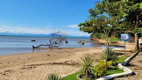una playa con árboles y barcos en el agua en Espaço Zoey, en Búzios