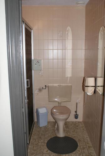 ein Badezimmer mit einer weißen Toilette in einem Zimmer in der Unterkunft Hotel Domstad in Utrecht