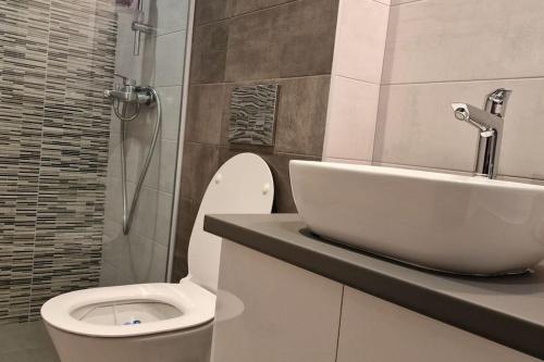 a bathroom with a white toilet and a sink at Romantic & Jacuzzi in Skopje