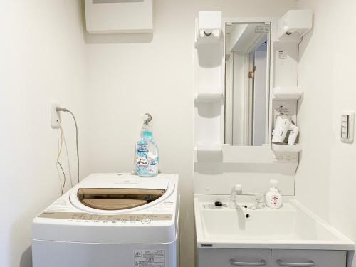 y baño con lavadora y lavamanos. en PRISM Inn Komagata Asakusa en Tokio