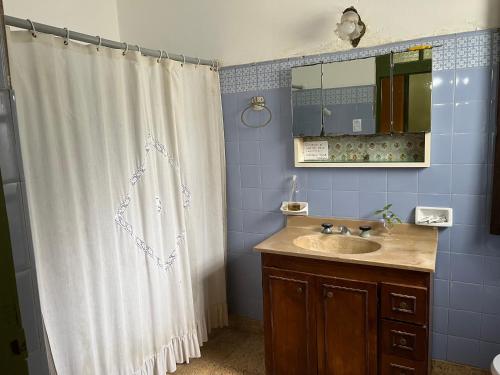 y baño con cortina de ducha y lavamanos. en CASONA EL PALENQUE de Vieytes en Álvarez Jonte