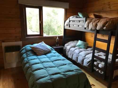 1 dormitorio con 2 literas y ventana en Alojamiento Ruca wenüy dpto 02 en San Carlos de Bariloche