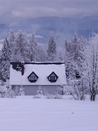 a house covered in snow in a field with trees at domek simonka zawoja in Zawoja
