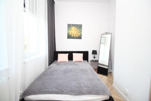 a bedroom with a bed with two pink pillows at Apartament Przytulny in Szczawno-Zdrój
