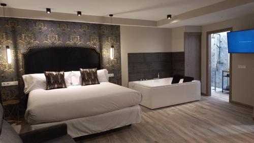 1 dormitorio con cama, bañera y TV en Airen Suites en Chinchón