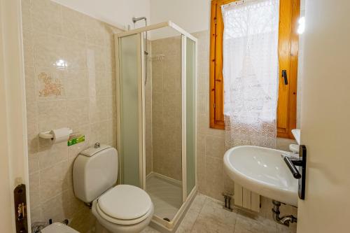 a bathroom with a toilet and a shower and a sink at Villino Garden & Pool in Marina dʼAndora