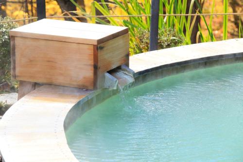 a pool of water with a wooden box next to it at Hotel Shikisai in Nikko