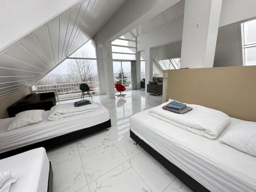 レイキャビクにあるBig Villa centrally located in Reykjavikのベッドルーム1室(ベッド2台付)、リビングルームが備わります。