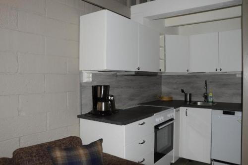 a kitchen with white cabinets and a counter top at 14-Nasjonalpark, sykling, fisking, kanopadling, skogs- og fjellturer in Trysil