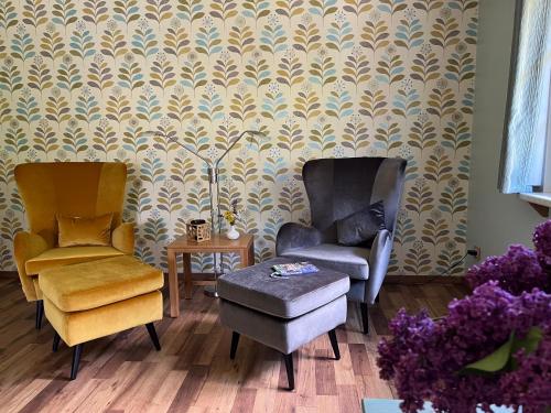 馬爾尼茨的住宿－Haus Seebach，客厅配有两把椅子和一张桌子