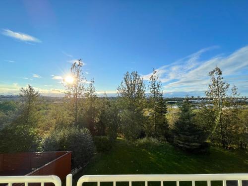 a view from a balcony of a yard with trees at Big Villa centrally located in Reykjavik in Reykjavík