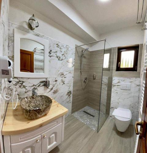 a bathroom with a sink and a shower at PIZZERIA RUSTICA cazare in Borşa