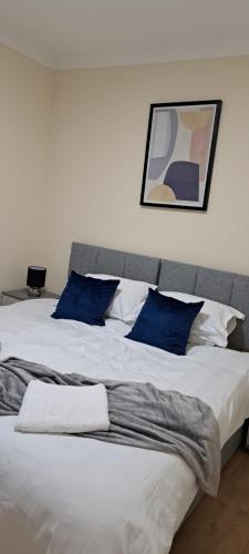 ein Schlafzimmer mit einem großen Bett mit blauen Kissen in der Unterkunft Upper Tooting Road in London