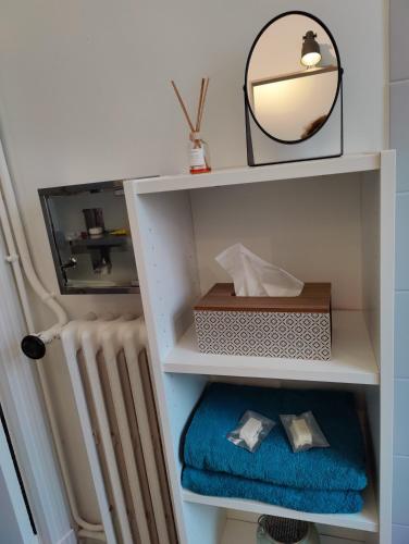 - une étagère blanche avec un miroir et une serviette bleue dans l'établissement L'appart du Canal, à Carcassonne
