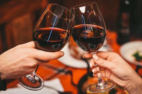 twee mensen die een glas rode wijn omhoog houden bij Хотел Феникс in Chepelare