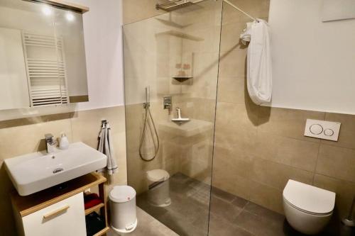 uma casa de banho com um chuveiro, um WC e um lavatório. em Modern Apartment, central in Bad Aibling em Bad Aibling