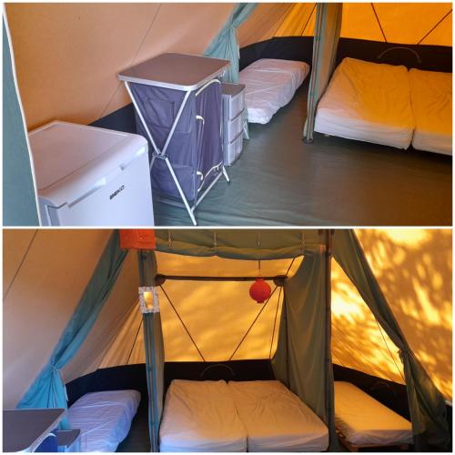 deux photos d'une tente avec deux lits à l'intérieur dans l'établissement Tente aménagée 4pp, à Camurac