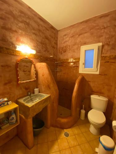 a bathroom with a toilet and a sink and a toilet istg at Nikos Country House in Naousa