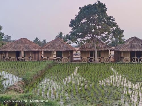 a village with huts and a field of crops at The King On The Rocks Hampi in Hampi
