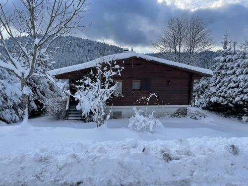 Cabaña de madera con nieve en el suelo en Chalet situé au grand Valtin, en Ban-sur-Meurthe-Clefcy