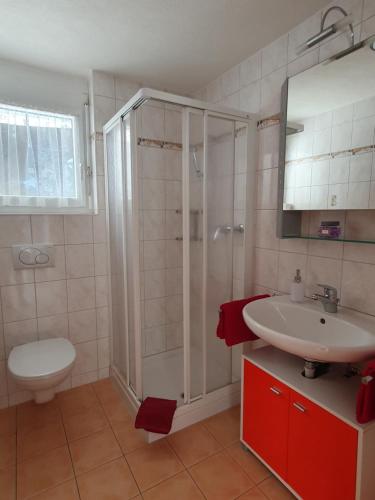 La salle de bains est pourvue d'une douche, d'un lavabo et de toilettes. dans l'établissement Haus Artemis, à Saas-Grund
