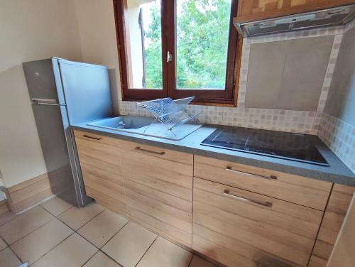 a kitchen with a sink and a refrigerator at Le chant de la Pique, maison T4, jardin, parking gratuit, wifi, 6 personnes in Luchon