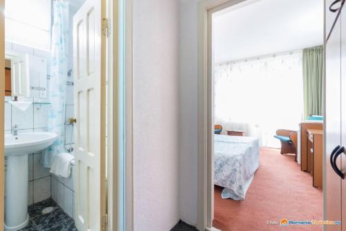 1 dormitorio con 1 cama y baño con lavabo. en Hotel Bradul en Durau