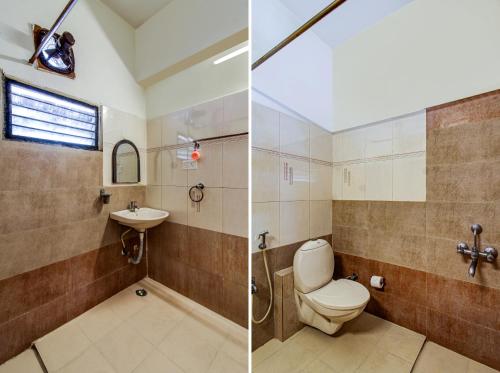 2 fotos de un baño con aseo y lavabo en NirmalVilla Cherry, en Hyderabad