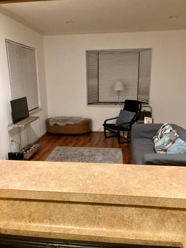 ein Wohnzimmer mit einem Sofa, einem Bett und einem Fenster in der Unterkunft Love Downtown Upstairs room no kids no smoking in Houston
