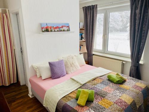 um quarto com uma cama com um cobertor colorido e uma janela em FeWo hohetanne1 em Großbreitenbach