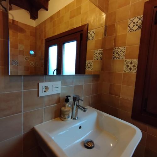 a bathroom with a sink and a mirror at Hotel Tuul Etxea in Galdakao