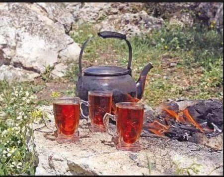 a tea kettle and three glasses on a campfire at Dana moon hostel in Dana