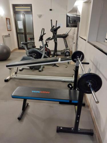 a gym with two exercise bikes in a room at Hotel San Giorgio in Bergamo