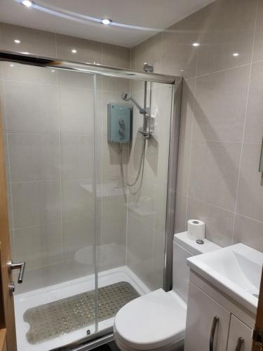 a bathroom with a shower with a toilet and a sink at Midway in Garston