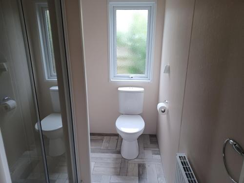 a bathroom with a toilet and a window at Chalet duunzicht Texel in De Cocksdorp