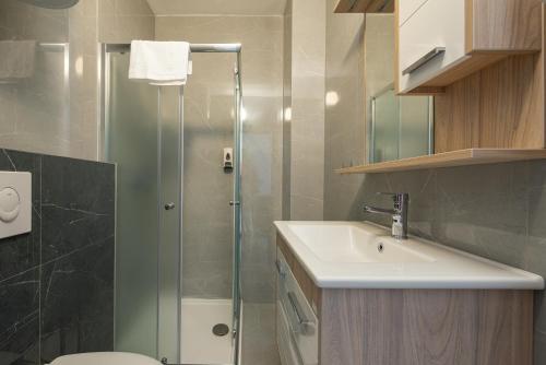 a bathroom with a shower and a sink and a toilet at Appartements VIR in Vir