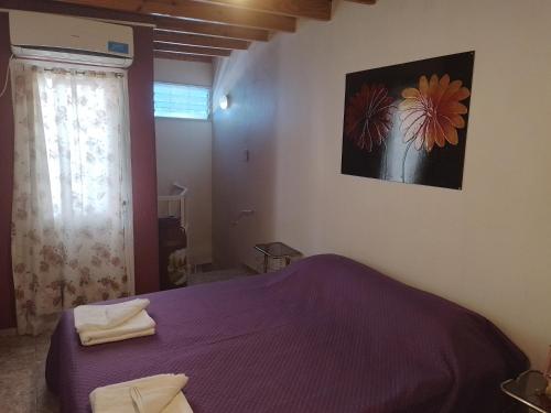 sypialnia z fioletowym łóżkiem i oknem w obiekcie Departamento Carrodilla Luján w mieście Lujan de Cuyo