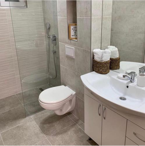 a bathroom with a toilet and a sink and a shower at Apartments Mrdak in Bar