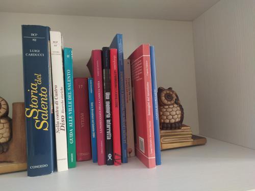 a row of books sitting on a shelf at Casa Trekking Salento Marittima Di Diso in Marittima